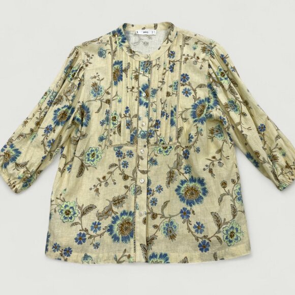 Mango MNG Linen Blend Floral Ivory Boho Button Blouse Shirt Top Women's 6 Small - Picture 1 of 13